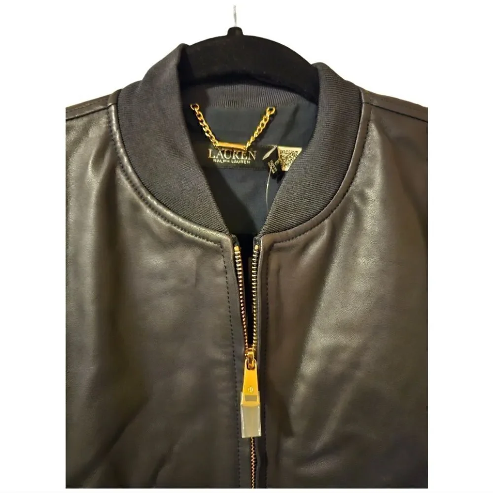 NWT‎ LAUREN RALPH LAUREN Dark Navy Stretch Leather Bomber Jacket - Size Large